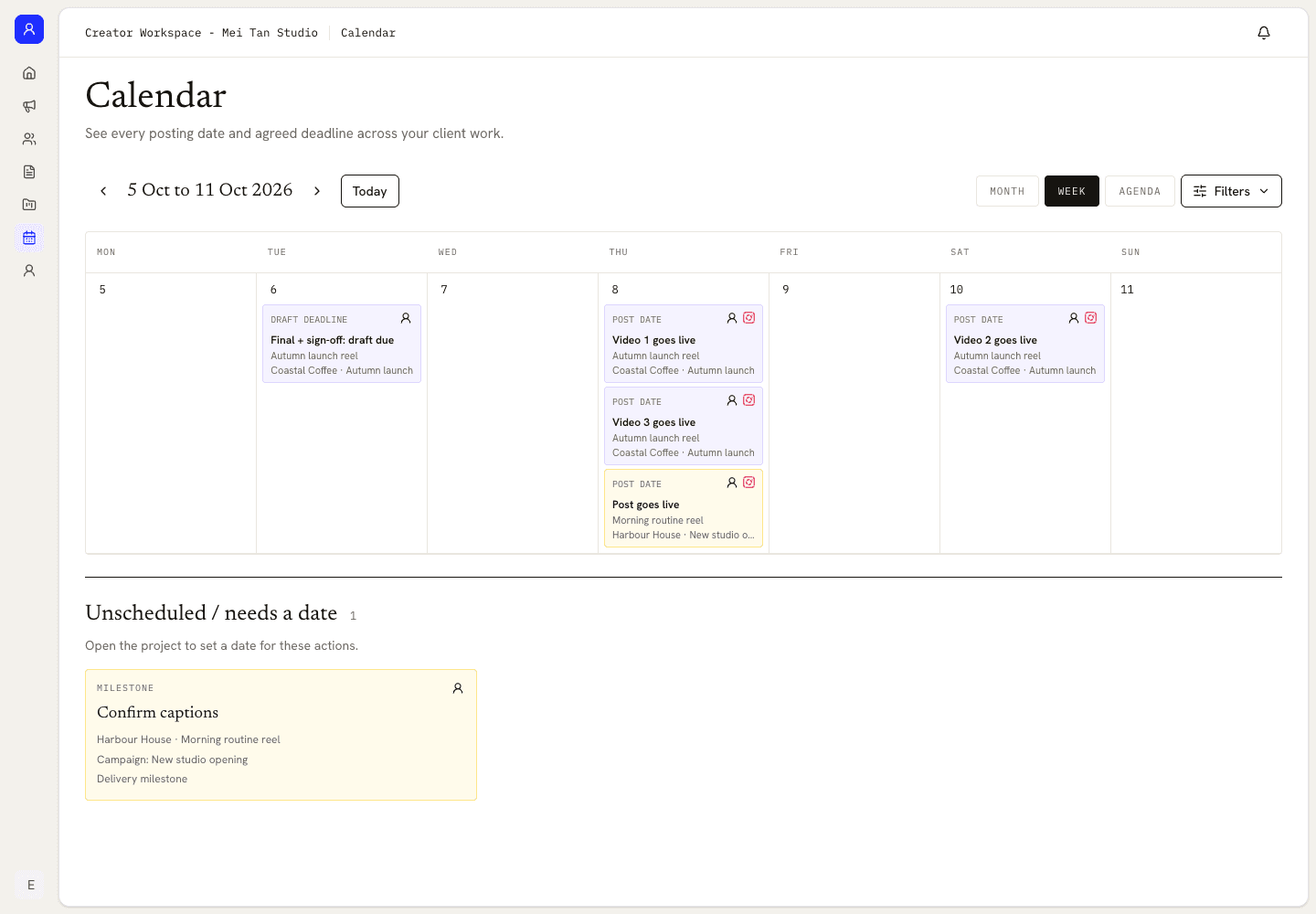 Creator workspace calendar showing a revision deadline, draft due date and scheduled post