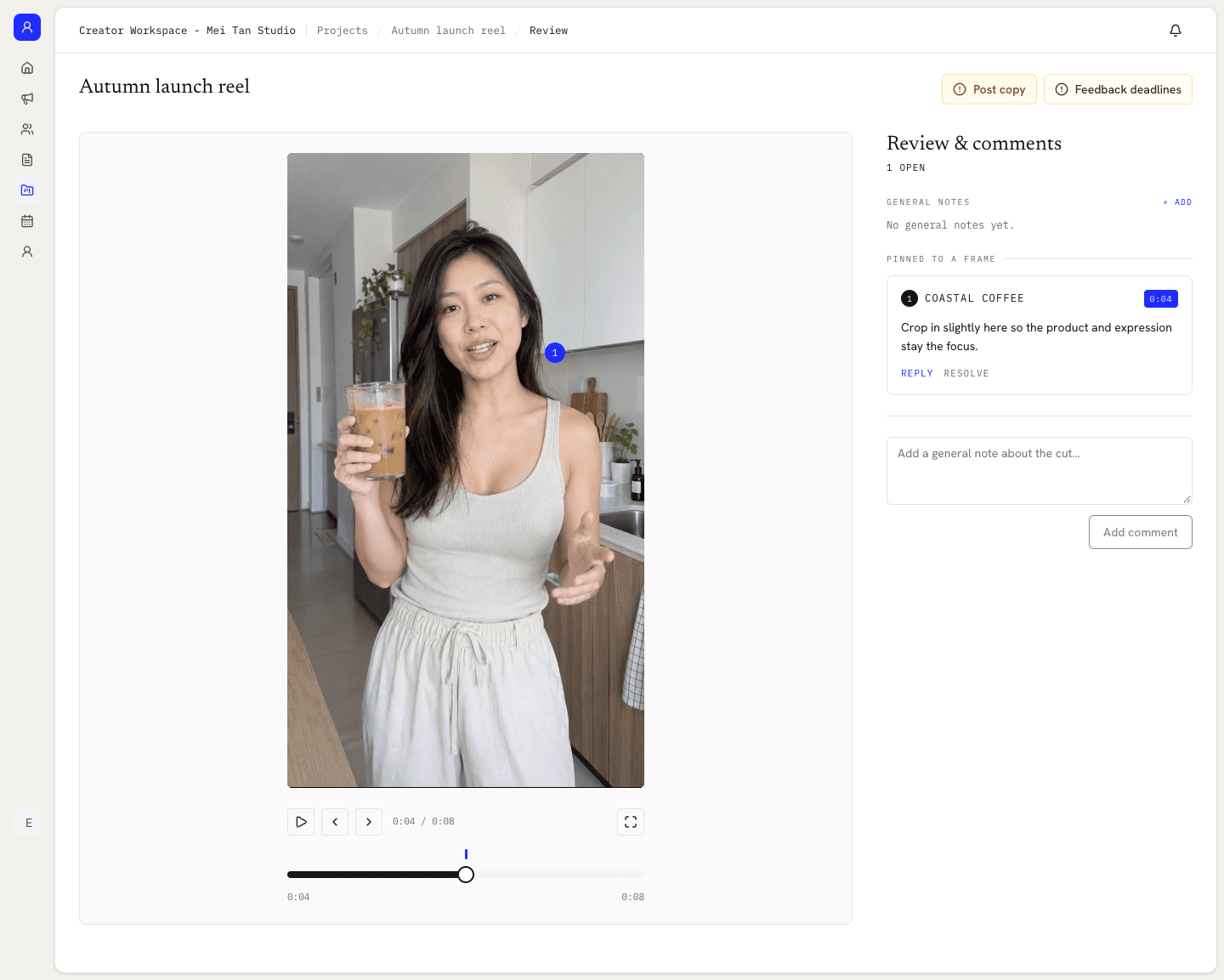 Video review workspace with timestamped comments beside a vertical creator video