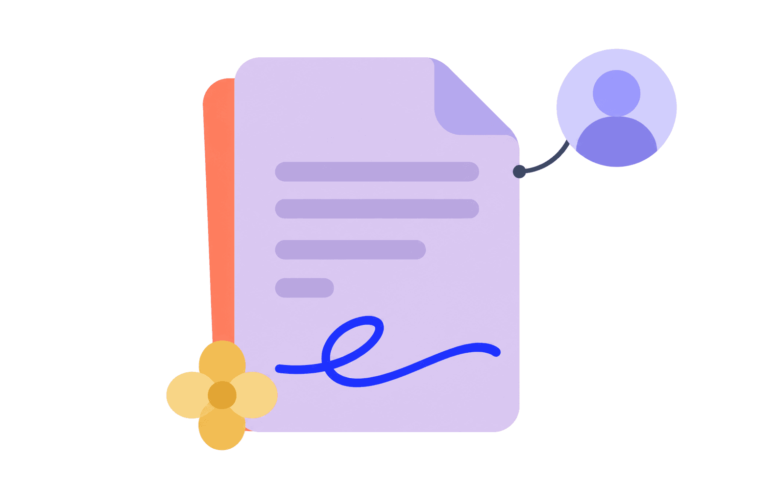 Illustration in the app's glyph style: a signed agreement with a blue signature stroke, joined by a thread to the client avatar