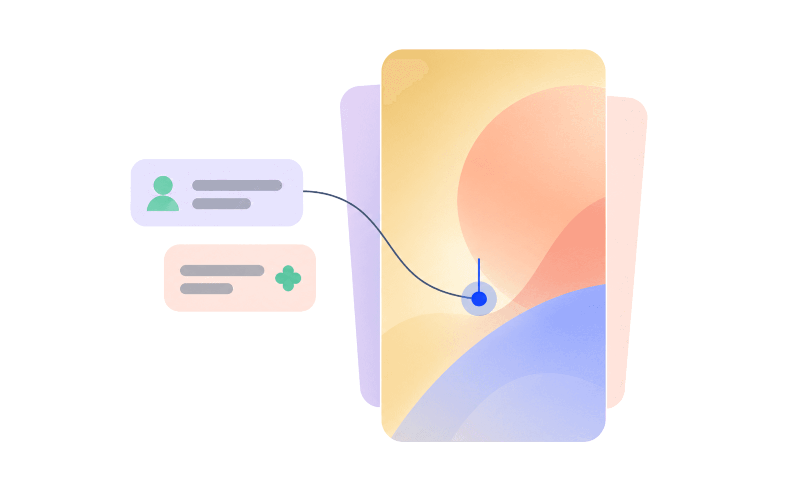 Illustration in the app's glyph style: a vertical video with a cobalt pin on one frame, comment cards tethered to it