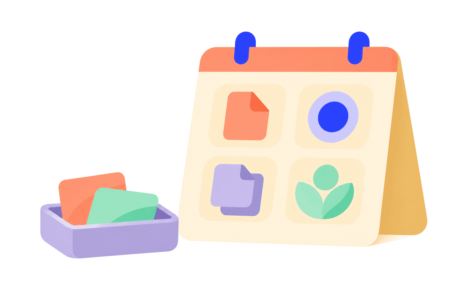 Illustration in the app's glyph style: a calendar holding the brief, campaign, cut and client icons, with unscheduled cards waiting in a tray beside it