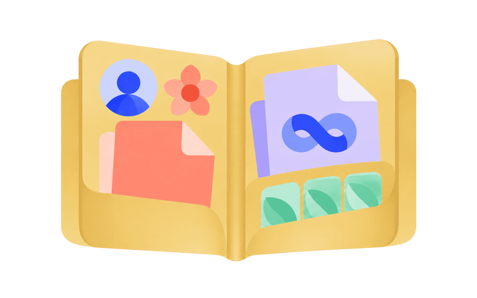 Illustration in the app's glyph style: an open folder holding a brief, client avatar, campaign clover and video reel