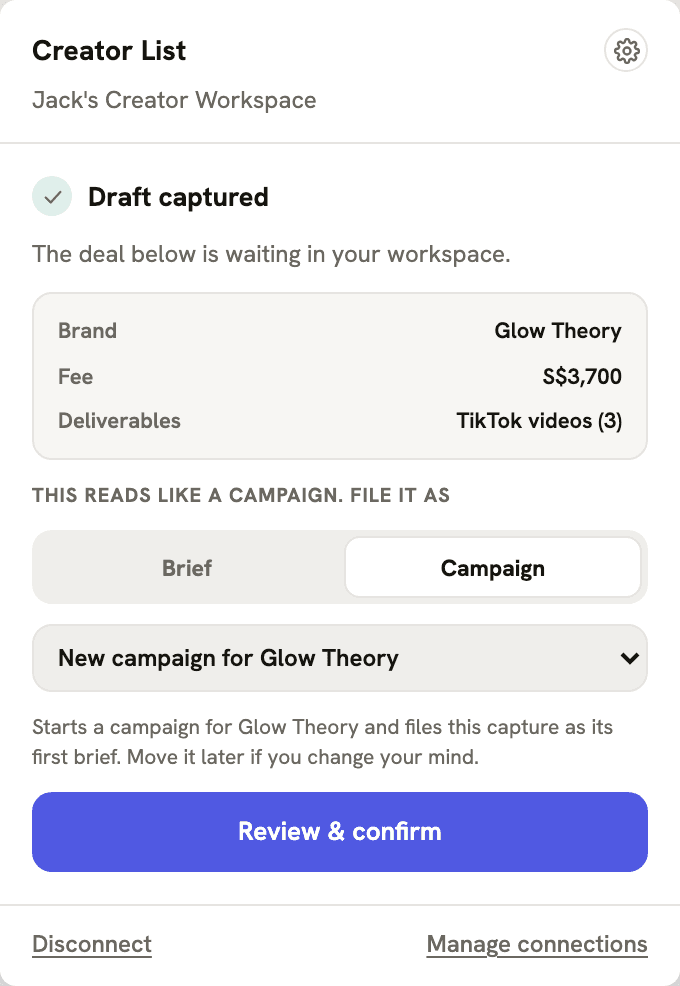 Deal Capture popup after capture, with brand, fee and deliverables structured as a draft deal